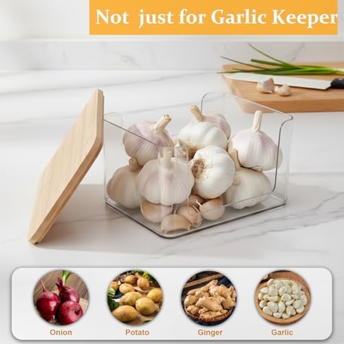 Garlic Keeper for Counter, Garlic Holder Countertop with Bamboo Lid, Garlics Storage Container to Keep Your Garlics Cloves Fresh Longer, Kitchen Accessories, Clear