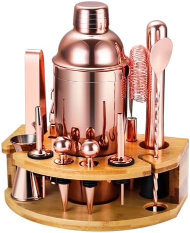 Cocktail Shaker Set Bartender Kit with Stand, 12 Piece Bar Set Drink Mixer Set with Stainless Steel Bar Accessories Tools: 25oz Martini Shaker Jigger Strainer Spoon Muddler for Cocktails (Rose Gold)