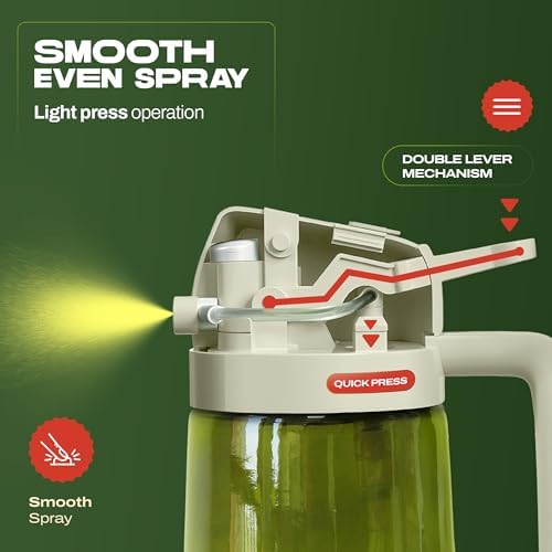 PORTENTUM Olive oil spray bottle for cooking 16oz/470ml 2 in 1 spray and pour function – Anti drip green glass bottle dispenser with light protection – Multilingual labels – Air fryer salads grilling