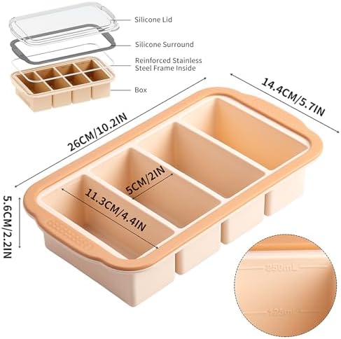Aichoof 1 Cup Extra Large Silicone Ice Cube Freezing Trays with Silicone lid for soup saver, Freezer Container for broth,sauce, butter -makes 1cup ice Cube(2 PACK) (Rose, 2 PACK)