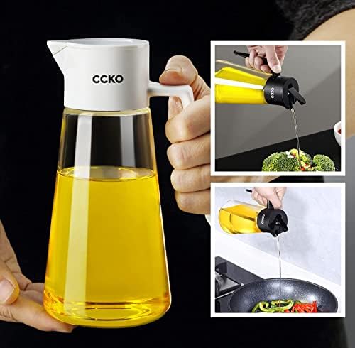 CCKO Glass Olive Oil Dispenser Bottle 19oz Olive Oil Bottle for Kitchen, Auto Flip Drip Free Cooking Oil Dispenser for Soy Sauce, Syrup, Vinegar, Salad Dressing Container (White)