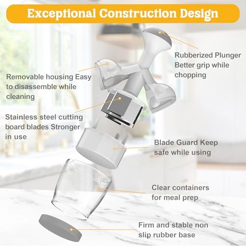 Food Chopper, Vegetable Chopper with Container, Onion Chopper Vegetable Cutter, Manual Veggie Chop Handheld Food Chopper for Garlic, Nut, Stainless Steel Blades, Dishwasher Safe, Easy to Clean, White