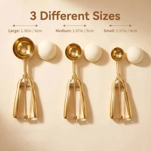 Gold Ice cream spoon,cookie Scoop Set,Stainless steel ice cream scoop with trigger release,3 Sizes (M size)