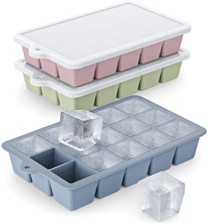 Silicone Ice Cube Tray 3 Pack - EASY RELEASE ice cube tray with lid, BPA Free Ice Cubes Trays for Freezer,ice cube mold for Cocktail,Whiskey (Blue+Pink+Green)