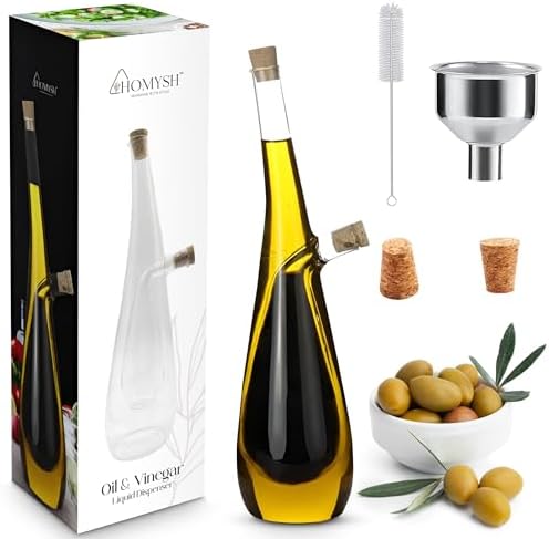 Oil and Vinegar Dispenser Bottle 2-in-1, Glass Cruet Set for Kitchen, Dual-Chamber Olive Oil & Vinegar Dispenser, Cork Stoppers, Funnel & Brush Included, 13 oz, Clear