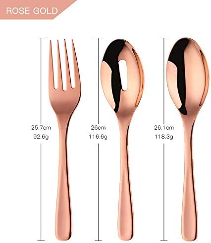 Salad Spoon Fork Serving Set of 3, Baikai 10 inch Heavy Duty Stainless Steel Polished Servers Spoon, Fork, Slotted Spoons(Rose Gold)