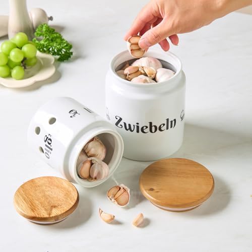 Large Ceramic Garlic Keeper, Garlic Holder Storage with Wooden Lid