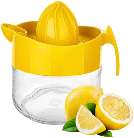 Glass Lemon Juicer, Small Grapefruit and Citrus Juicer, Extractor Manual Hand with Handle and Pour Spout, BPA Free and Lead-Free Heavyweight Crystal Clear Glass 10.1oz (Yellow)