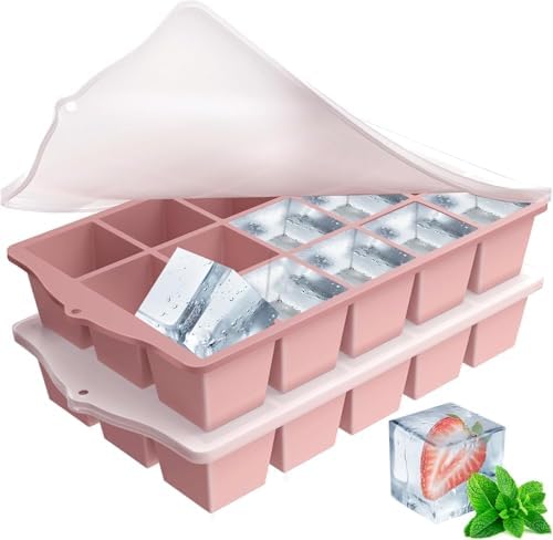 FANYITY Silicone Ice Cube Tray with Lid, Pink, Pack of 2 Ice Cube Moulds, Silicone Mould, BPA-Free, Stackable Ice Cube Tray, Ice Cube Trays for Baby Porridge, Cocktail, Whiskey, Coffee