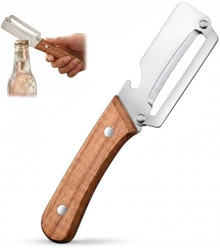Multi-Functional Vegetable Peeler with Julienne Slicer & Bottle Opener, Stainless Steel Blade & Wooden Handle, Ergonomic Kitchen Tool for Peeling, Slicing & Shredding Fruits & Veggies (Style-A, 1PC)