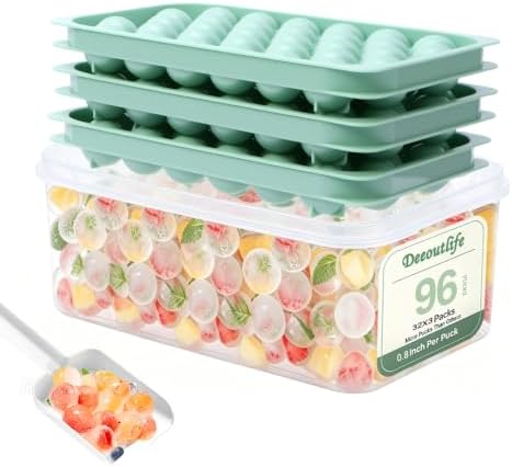 Ice Cube Tray with Lid and Bin, 96 Pcs Mini Round Ice Ball Molds for Freezer with Scoop, 0.8 Inch Sphere Maker, Easy Release Silicone Base, for Coffee, Cocktails (3 Pack, Fresh Green)