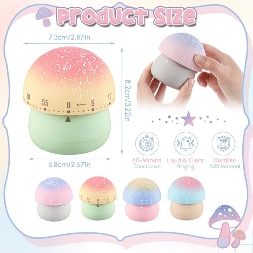 Amylove 4 Pcs Cute Mechanical Kitchen Timer Mushroom 60 Minutes