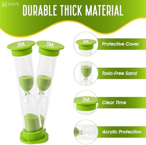 Sand Timer for Kids - 5 Minute Set of 4 Hour Glass - Green Color- Acrylic Covered for Classroom, Home & Kids Room