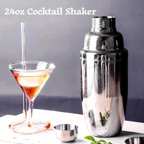 24oz Cocktail Shaker Set, Bartender Kit with Martini Shaker + Bar Spoon + Jigger, 304 Stainless Steel Drink Mixer Cocktail Kit with Built-in Strainer for Margarita Bartender Alcohol Gifts