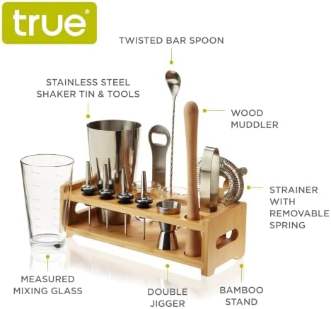 True 14-Piece Barware Set with Wood Stand for Mixing Cocktails and Drinks, Perfect Home Bar Accessories, Mixology Bartender Kit, Bartending Supplies