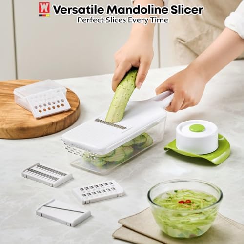 WAGENSTEIGER Stainless Steel Mandoline Slicer - Adjustable Multi-Blade Vegetable & Food Chopper with 6 Interchangeable Blades, Safe Hand Guard, Non-Slip Base & Catch Tray – Julienne Slicer