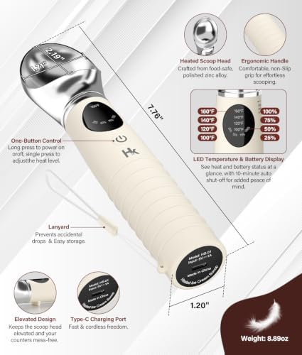 Heated Ice Cream Scoop with Removable Head, 2500mAh Electric Ice Cream Scooper with 4-Temp Settings, LED Display & IPX6 Waterproof, Perfect for Hard Ice Cream and Frozen Yogurt
