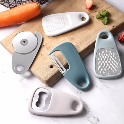 TopHomer Kitchen Gadgets Set 5 Pcs, Cheese Grater, Pizza Cutter, Bottle Opener, Vegetable Peeler,Garlic/Ginger Grinder, for Travel, Camping