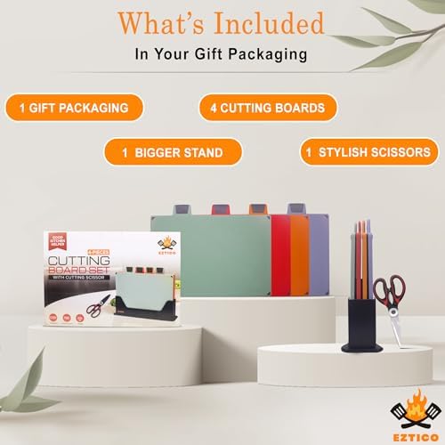 4-Piece Non-Toxic Cutting Board Set 12"L x 9"W with Premium Scissors – BPA-Free Plastic and Rubber Chopping Boards for Kitchen Essentials with Organizer, Dishwasher Safe Accessories Holder.