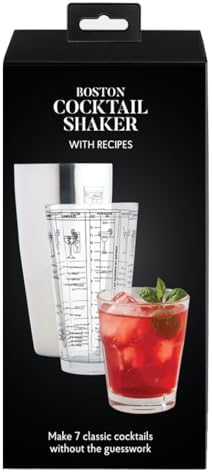 HIC Kitchen Bar Boston Cocktail Shaker and Mixer Glass Set with 7 Printed Recipes, 18/8 Stainless Steel and Borosilicate Glass