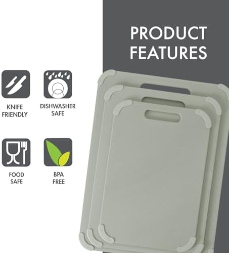 Dexas Fresh Prep 3-Pack Non-Slip Cutting Board Set – Dishwasher Safe Plastic Boards with Silicone Grip Corners & Handle, Sage (14.17" x 10.63", 12.6" x 9.06", 11.02" x 7.48")
