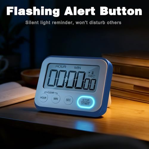 Digital Kitchen Timer Magnetic Loud Alarm, Large LCD Screen Silent/Beeping Multi-Function for Teachers Classroom Kids, Blue