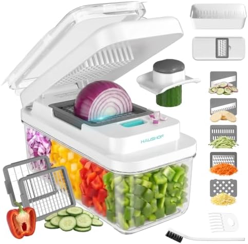 HAUSHOF 9-in-1 Vegetable Chopper & Mandoline Slicer, 7 Blades, Drain Basket