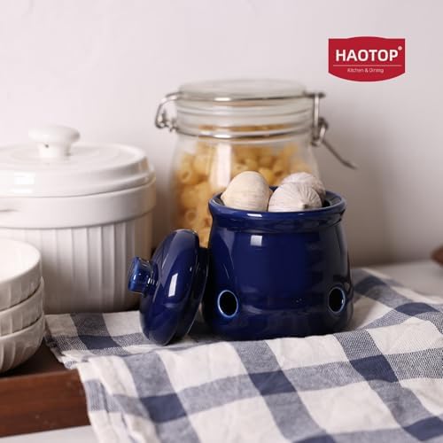 Ceramic Garlic Keeper with Lid, Mini Garlic Saver Container for Countertop, Kitchen Decor (Navy)