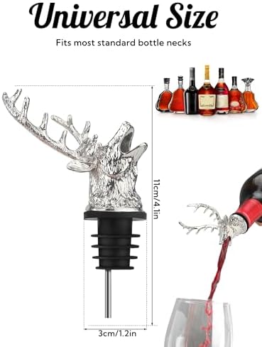 Deer Head Wine Pourer, Liquor Bottle Pour Spout with Leak-Proof Rubber Stopper, Zinc Alloy Metal, Universal Fit for Wine Whiskey Bourbon Olive Oil – Drip-Free Bar Pourer Gift for Men, Parties Holidays