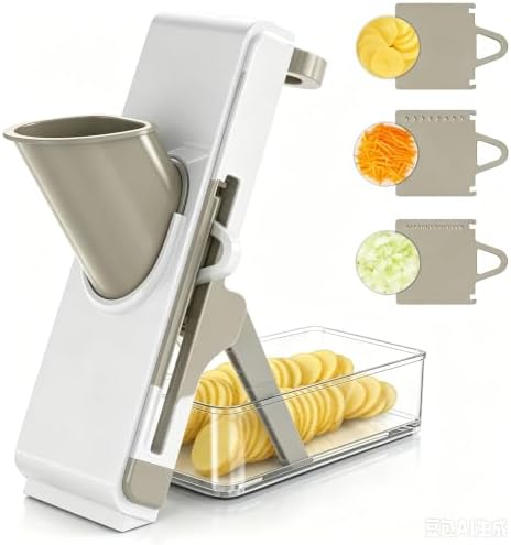 Safe Mandoline Slicer for Kitchen, Vegetable Slicer with Container, French Fry Cutter, All in 1 Julienne Slicer for Potato, Thickness Adjustable, Detachable Blade (White Light Gray)
