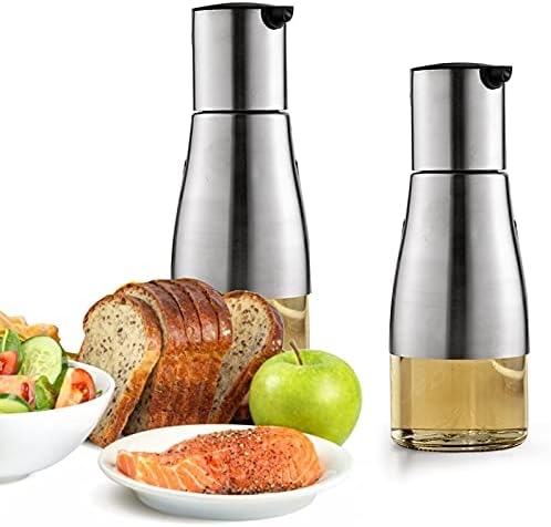 Tebery 2 Pack Silver Olive Oil and Vinegar Dispenser Set, 10OZ Oil Dispenser Cruet with Easy & Drip Free Pouring, Elegant Stainless Steel with Glass Bottom