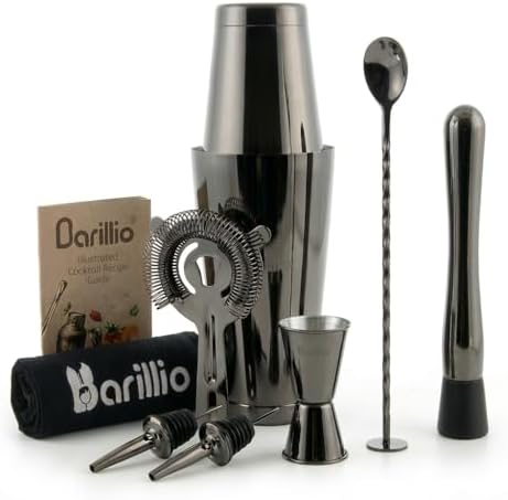 Barillio Black Boston Shaker Set - Stainless-Steel, Weighted Martini Cocktail Shaker Set w/Strainer & Mixer - Mixology Bartender Kit - Bar Set for the Home - 9-pc Drink Set - Bar Tools