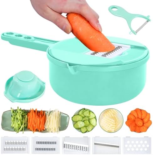 Multifunction mandoline slicer;vegetable chopper;vegetable slicer;food slicer;food chopper;chopper container;onion chopper;mandoline food slicer;vegetable cutter;chopping artifact (green, 7 in 1)