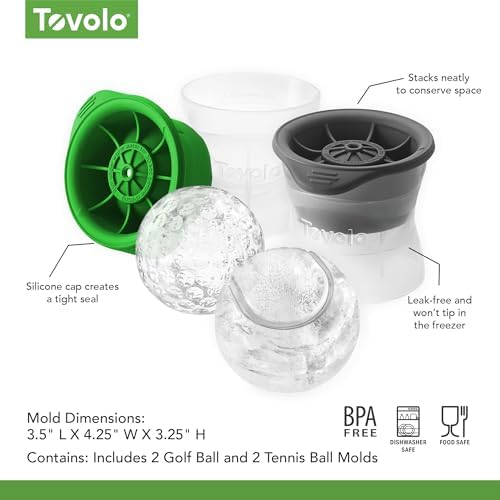 Tovolo Sports Ice Mold Bundle Set of 4 Golf Ball and Tennis Ball Shapes Large Craft Ice Cubes for Whiskey Cocktails with Silicone Lids, Easy Fill Craft Ice Mold for Sports Fans