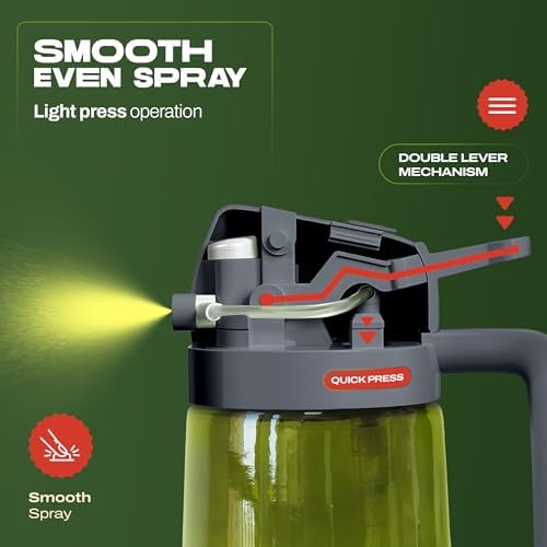 PORTENTUM Olive oil spray bottle for cooking 16oz/470ml 2 in 1 spray and pour function – Anti drip green glass bottle dispenser with light protection – Multilingual labels – Air fryer salads grilling