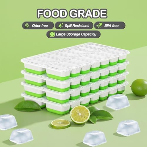 56pcs Ice Cube Tray with Lid and Bin – Stackable 4 Trays Plastic Silicone Freezer Mold, Large Ice Bucket with Scoop, Tong & 2 SS Straws – Easy Release Ice Maker for Cocktail, Coffee, RV, Whiskey