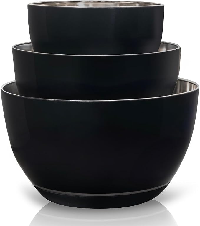 Stainless Steel Mixing Bowls Set, 3-Piece with Silicone Base | 1.5, 3 & 5 Qt Metal Bowls for Meal Prep, Baking, Cooking, Serving & Food Storage, Non-Slip Base, Dishwasher Safe, Black