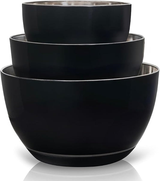 Stainless Steel Mixing Bowls Set, 3-Piece with Silicone Base | 1.5, 3 & 5 Qt Metal Bowls for Meal Prep, Baking, Cooking, Serving & Food Storage, Non-Slip Base, Dishwasher Safe, Black