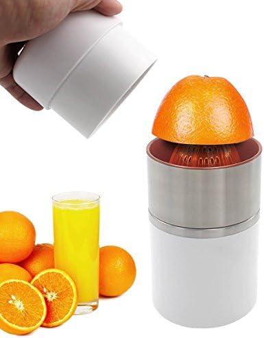 Manual Citrus Press Juicer, Portable Citrus Squeezer Hand Juicer with Strainer and Stainless Steel Container, White Color