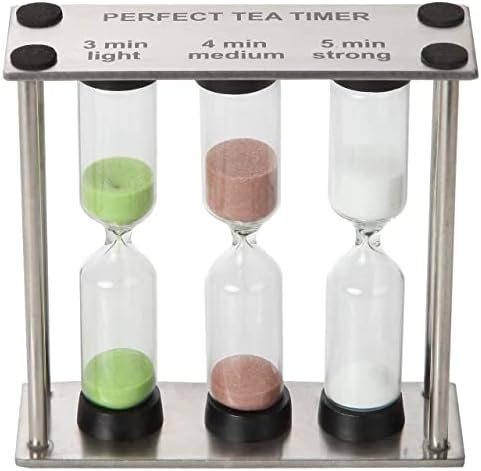 Lily's Home 3.75" Tall 3-in-1 Perfect Tea Timer, Includes 3, 4, and 5 Minute Sand Hourglass Timers, Use for Making Tea or Keeping Time Around The Kitchen, Brushed Stainless Steel Frame