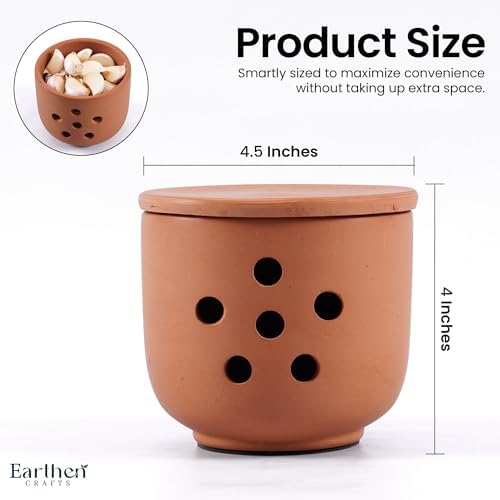 EARTHEN CRAFTS Terracotta Garlic Keeper with Lid 4.5" Handmade Clay Storage Jar with Vent Holes for Kitchen Countertop, Breathable Rustic Garlic Crock for Fresh Cloves