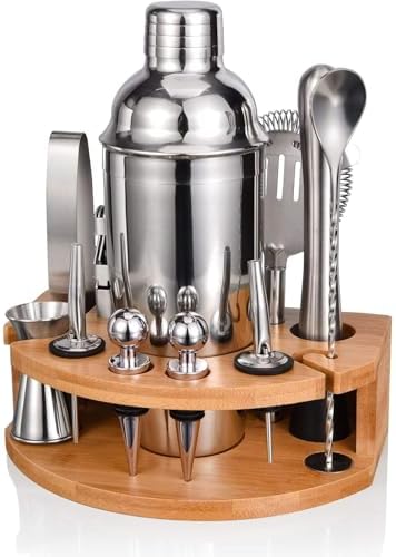 Cocktail Shaker Set with Bamboo Stand, 12-Piece 25oz Stainless Steel Bartender Kit, Martini & Margarita Bar Tools for Home Bar, Drink Mixer Set, Housewarming Gift, Silver