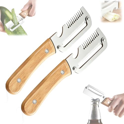 Elite Knives and Cutlery Set, 2-in-1 Serrated Peeling Knife Premium Vegetable Peeler, Multifunctional Vegetable Peeler with Wooden Handle and Bottle Opener for Kitchen (2pcs,B)