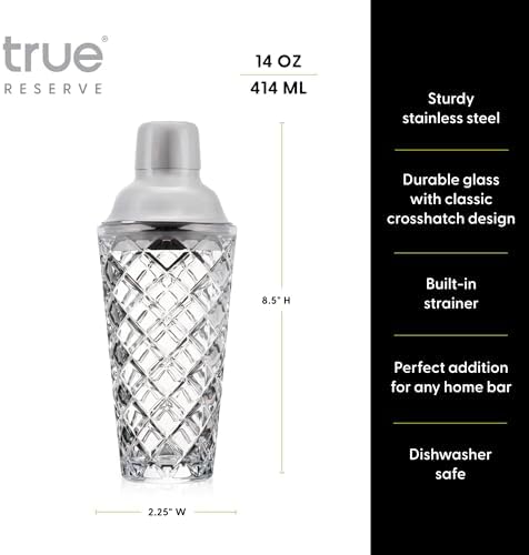 True Reserve Glass Cobbler Shaker, Elegant Cocktail Shaker for Margarita, Whiskey Sour, Espresso Martini, Mixed Drinks, Cold Brew Cocktails, Home Bar Tools, Gifts for Men, 14 oz