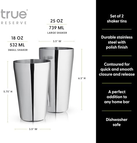 True Reserve Stainless Steel Boston Shaker Set, Cocktail Shaker Tins for Mixed Drinks, Cold Brew Cocktails, Margarita, Whiskey Sour, Espresso Martini, Home Bar, Bartender Gifts, 25 oz and 18 oz