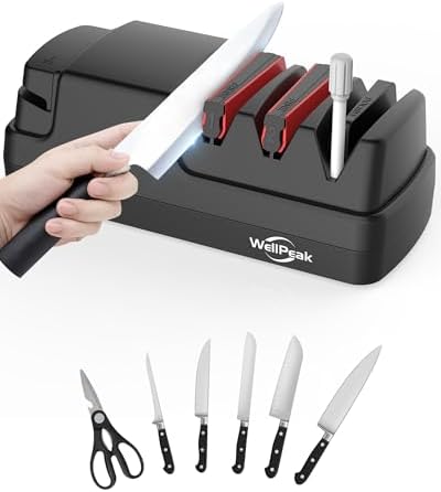 4-Stage Professional Electric Knife & Scissor Sharpener for Home Commercial Chef, Diamond Abrasive for Straight Edge Chef Knives, Detachable Ceramic Hone Rod for Serrated Knives Polishing