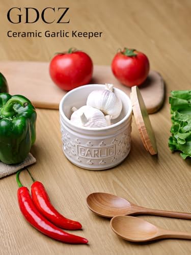 GDCZ Garlic Keeper with Lid, Ceramic Garlic Holder, 4.3 Inch (White)