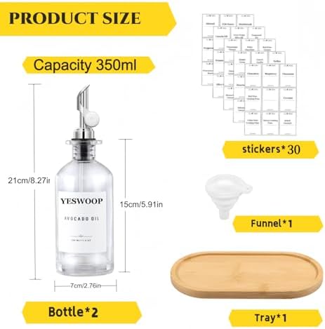 Olive Oil Dispenser,11.8oz Oil Bottle with Bamboo Tray | Set of 2