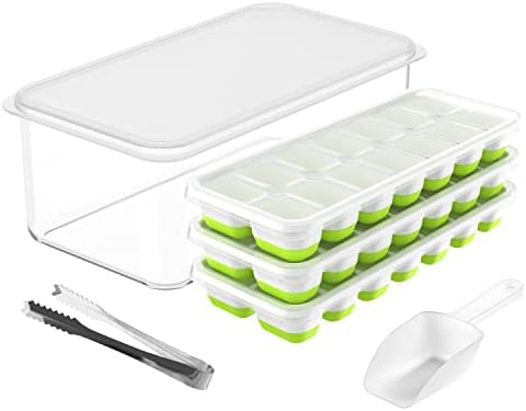 DOQAUS Ice Cube Tray with Lid and Bin, 3 Pack Silicone Plastic Iced Cubes Trays for Freezer with Box/Container, Stackable with Storage Ices Bucket, Tong, Scoop, for Baby Food, Cocktail, Coffee
