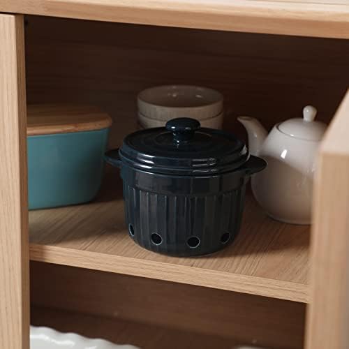 Ceramic Garlic Keeper with Lid, (Navy)